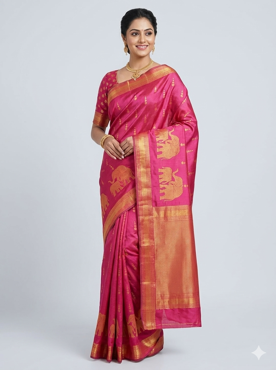 saree 01 Hot Pink Silk Saree with Gold & Teal Zari Work - Image 1