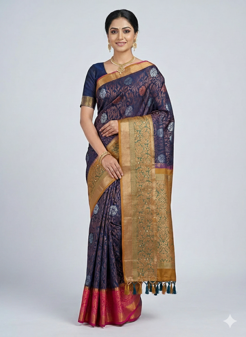 saree 06 Navy Blue Silk Saree with Gold Floral Weaves - Image 1