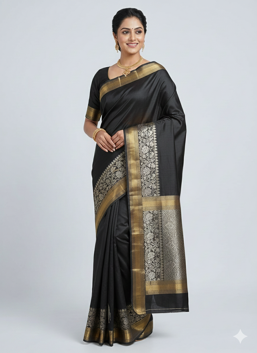 saree 08 Classic Black Silk Saree with Antique Gold Zari - Image 1