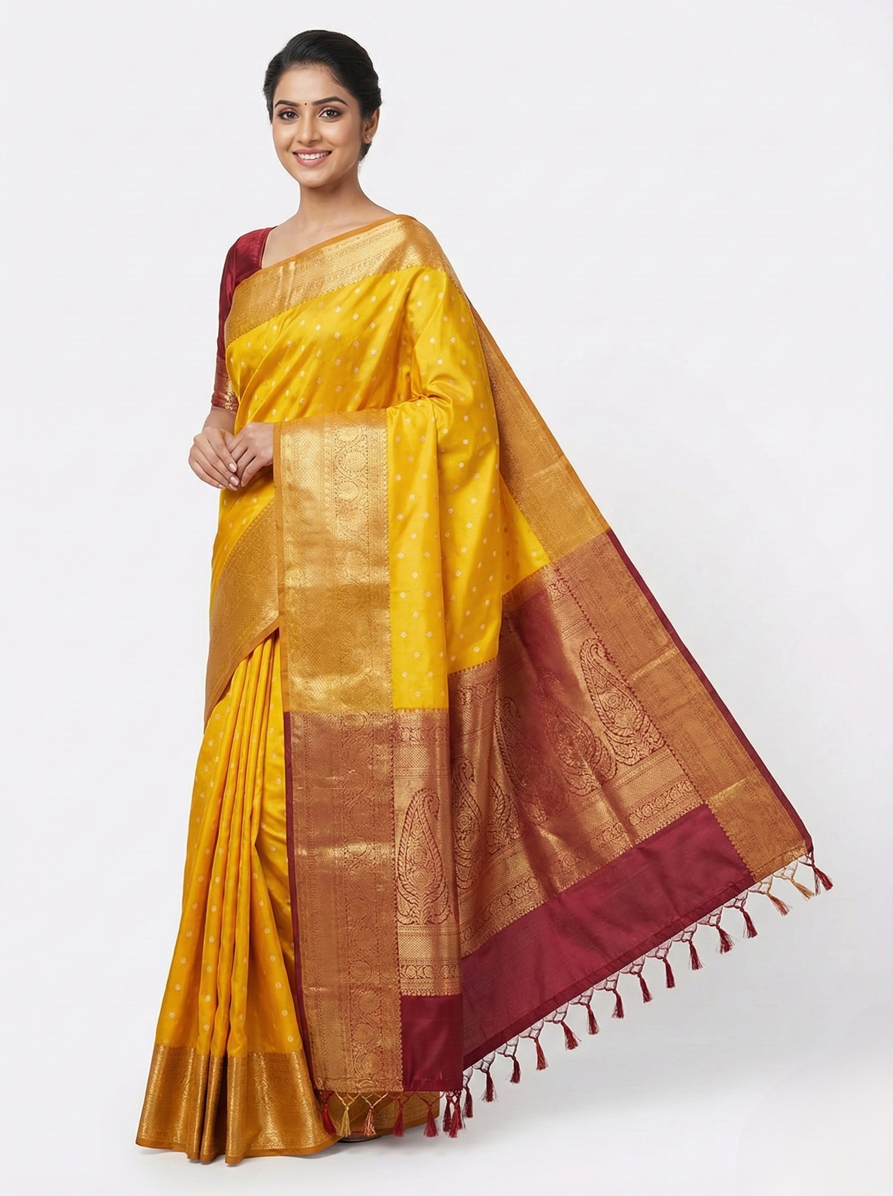 saree 20 Bright Yellow Silk Saree with Maroon Zari Pallu - Image 1