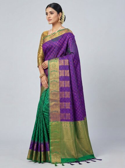 Purple Silk Saree with Green Zari Border