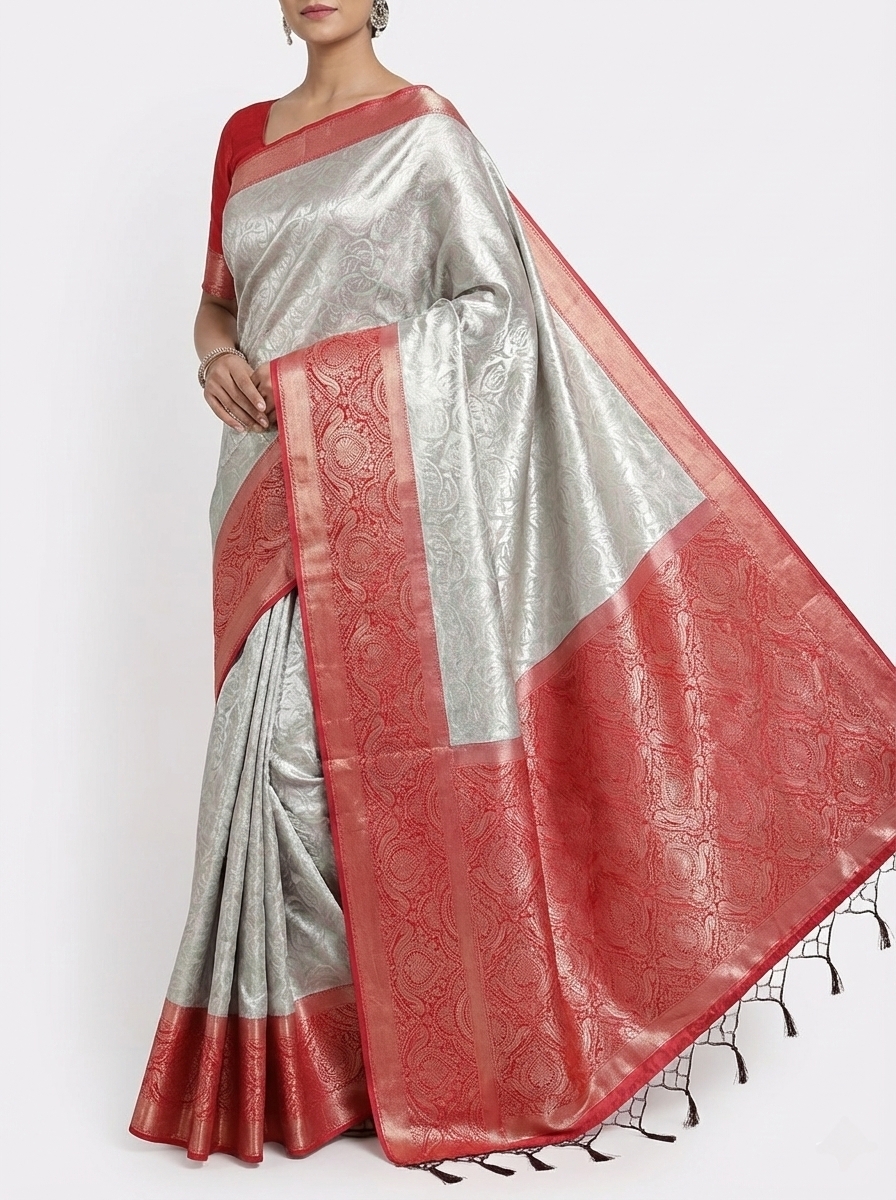 saree37 Silver Grey Silk Saree with Red Zari Border - Image 1