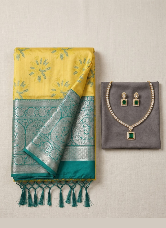 combo 01 Zykra Combo Sunlit Elegance Saree & Emerald Jewelry Set - Image 1